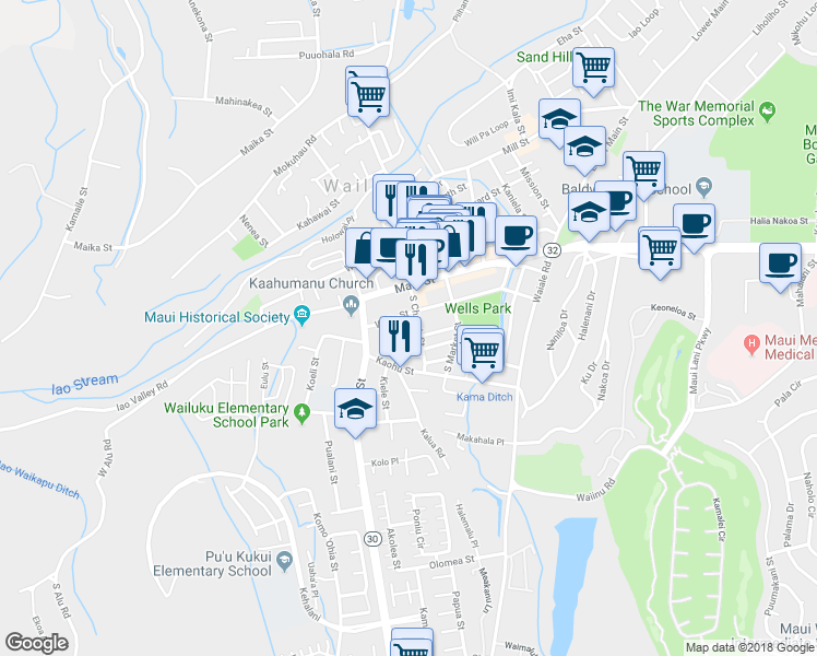 map of restaurants, bars, coffee shops, grocery stores, and more near 157 Konahau Lane in Wailuku