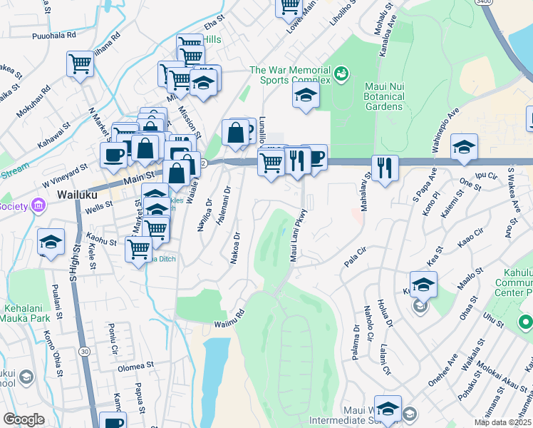 map of restaurants, bars, coffee shops, grocery stores, and more near 25 Kamakoa Loop in Wailuku