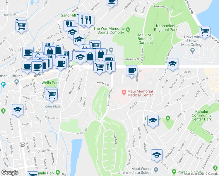 map of restaurants, bars, coffee shops, grocery stores, and more near 11 Keoneloa Street in Wailuku
