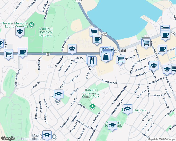 map of restaurants, bars, coffee shops, grocery stores, and more near 92 South Wakea Avenue in Kahului