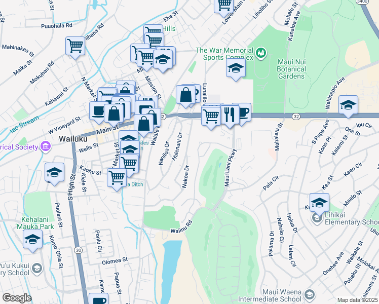 map of restaurants, bars, coffee shops, grocery stores, and more near 88 Nakoa Dr in Wailuku