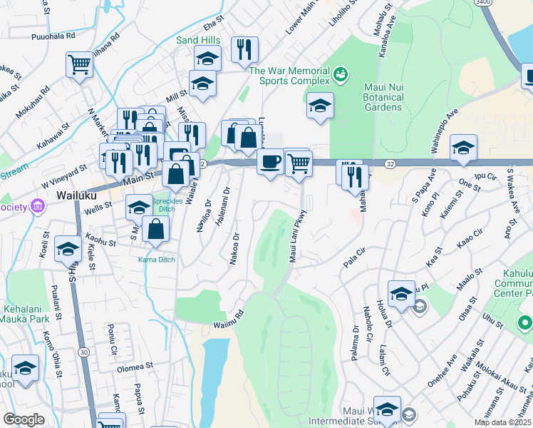 map of restaurants, bars, coffee shops, grocery stores, and more near 25 Kamakoa Loop in Wailuku