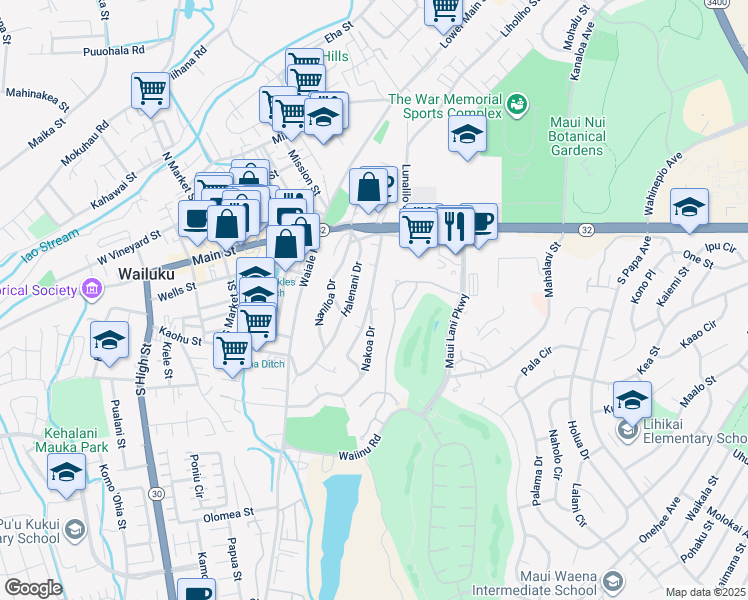 map of restaurants, bars, coffee shops, grocery stores, and more near 88 Nakoa Drive in Wailuku