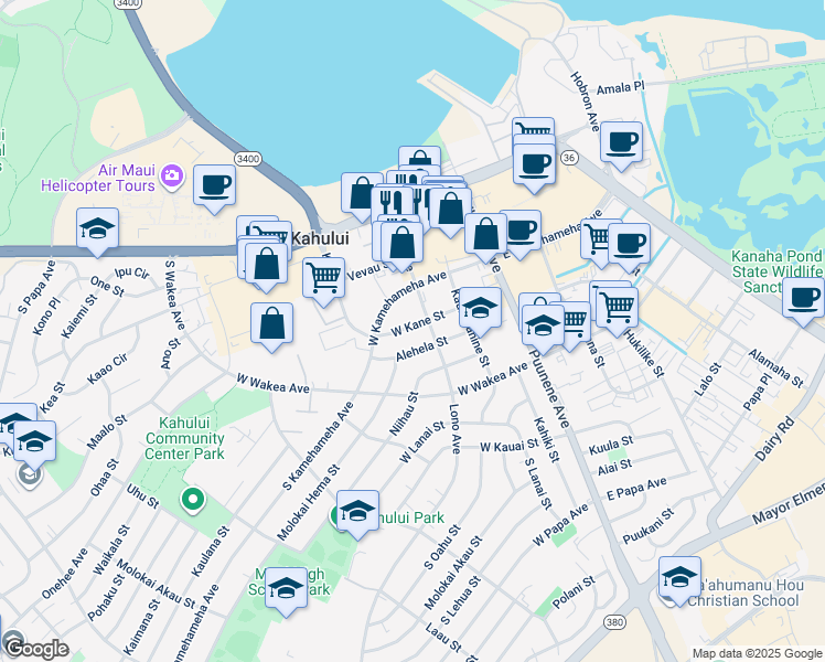 map of restaurants, bars, coffee shops, grocery stores, and more near 137 West Kane Street in Kahului