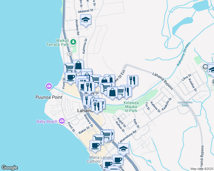 map of restaurants, bars, coffee shops, grocery stores, and more near 1419 Keawe Street in Lahaina
