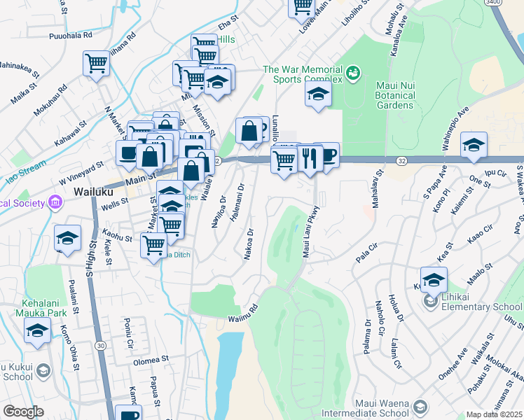 map of restaurants, bars, coffee shops, grocery stores, and more near 92 Keoneloa Street in Wailuku