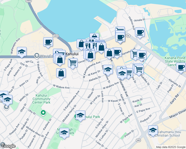 map of restaurants, bars, coffee shops, grocery stores, and more near 137 West Kane Street in Kahului