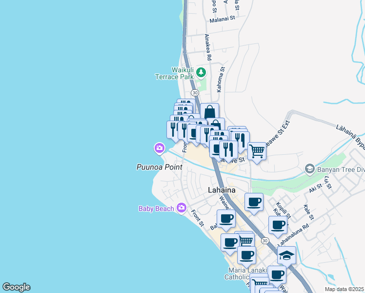 map of restaurants, bars, coffee shops, grocery stores, and more near 1251 Front Street in Lahaina