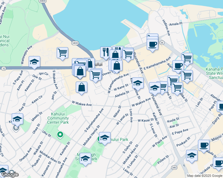 map of restaurants, bars, coffee shops, grocery stores, and more near 176 West Kane Street in Kahului