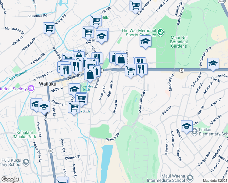 map of restaurants, bars, coffee shops, grocery stores, and more near 83 Nakoa Drive in Wailuku