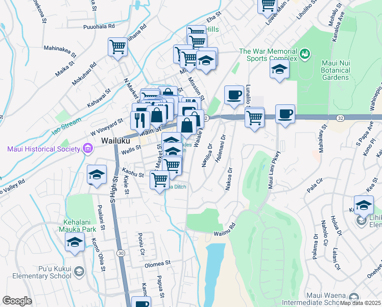 map of restaurants, bars, coffee shops, grocery stores, and more near 169 Waiale Road in Wailuku