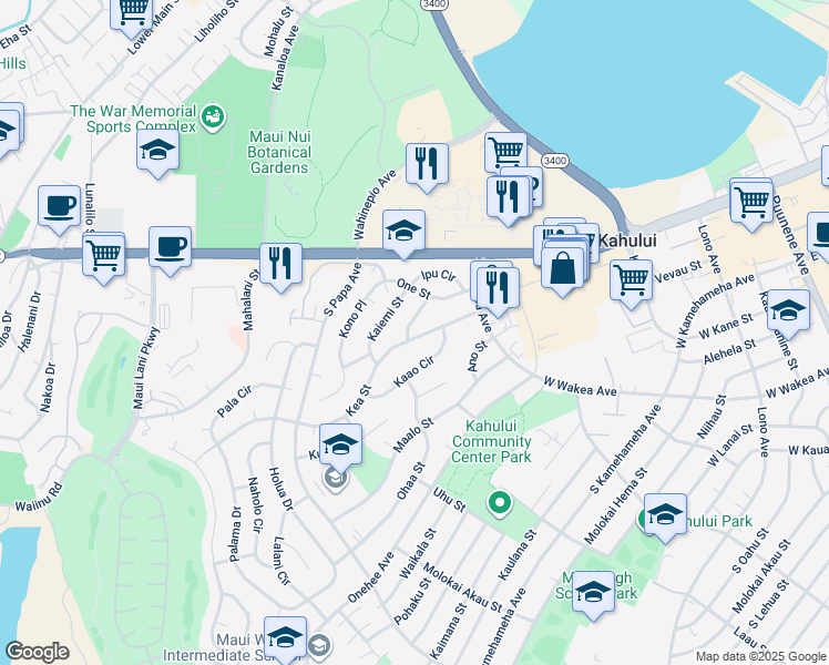 map of restaurants, bars, coffee shops, grocery stores, and more near 71 Nano Street in Kahului