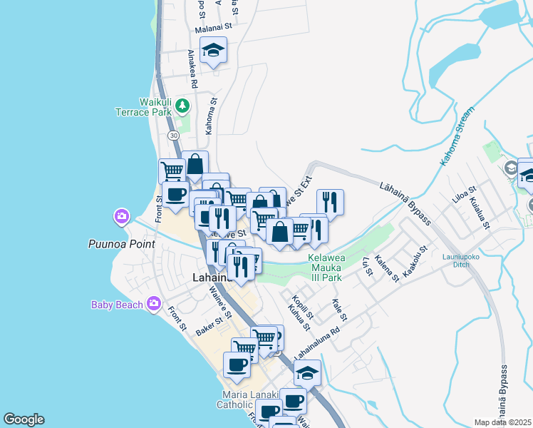 map of restaurants, bars, coffee shops, grocery stores, and more near 1419 Keawe Street in Lahaina