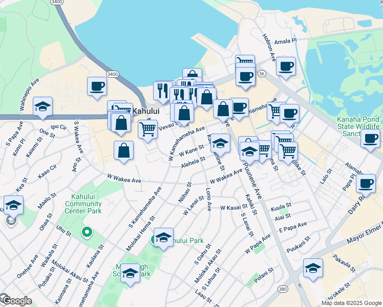 map of restaurants, bars, coffee shops, grocery stores, and more near 145 West Kane Street in Kahului