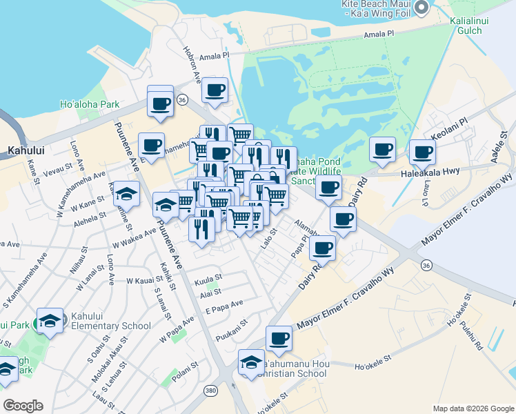 map of restaurants, bars, coffee shops, grocery stores, and more near 296 Alamaha Street in Kahului