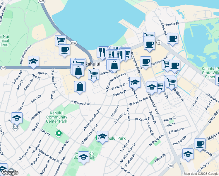 map of restaurants, bars, coffee shops, grocery stores, and more near 176 West Kane Street in Kahului