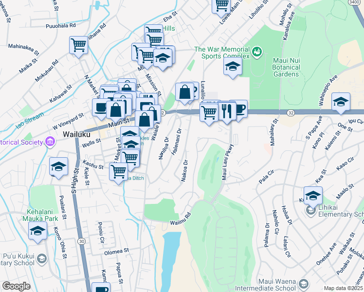 map of restaurants, bars, coffee shops, grocery stores, and more near 83 Nakoa Drive in Wailuku