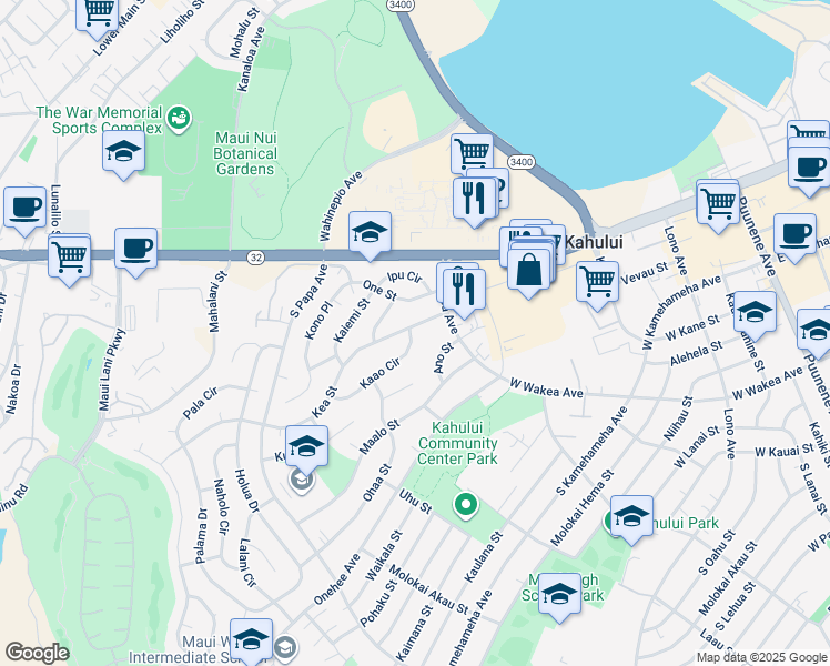 map of restaurants, bars, coffee shops, grocery stores, and more near 405 Kaao Circle in Kahului