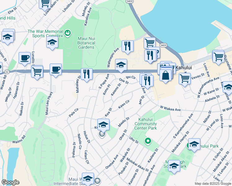 map of restaurants, bars, coffee shops, grocery stores, and more near 72 Nano Street in Kahului