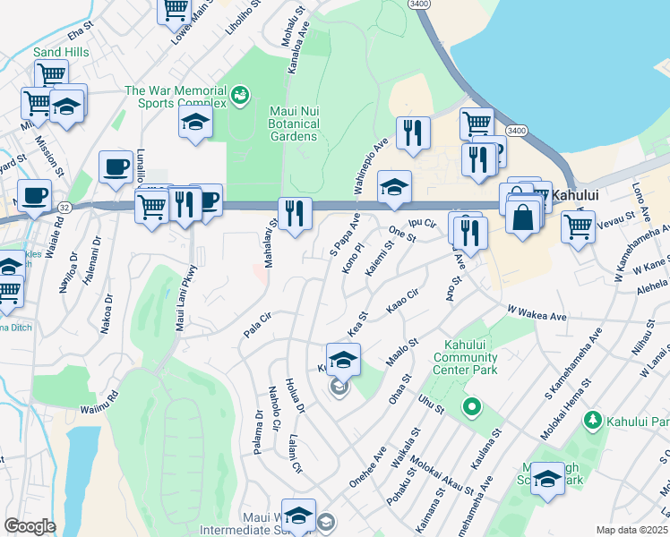 map of restaurants, bars, coffee shops, grocery stores, and more near 111 South Papa Avenue in Kahului