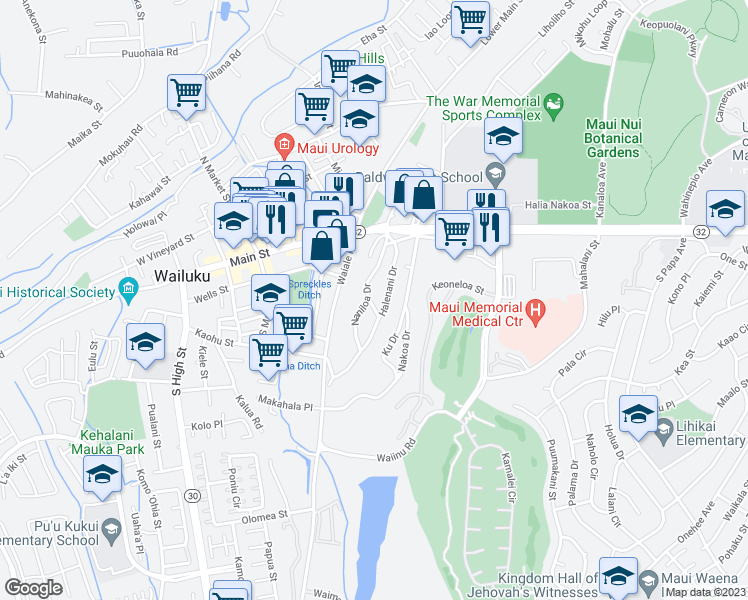 map of restaurants, bars, coffee shops, grocery stores, and more near 206 Leinani Drive in Wailuku