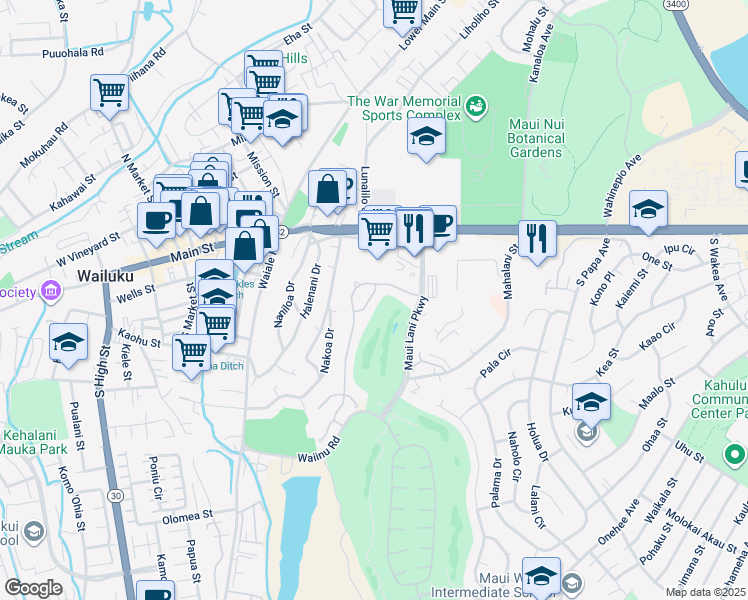 map of restaurants, bars, coffee shops, grocery stores, and more near 21 Kamakoa Loop in Wailuku