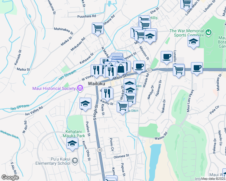 map of restaurants, bars, coffee shops, grocery stores, and more near 148 South Church Street in Wailuku