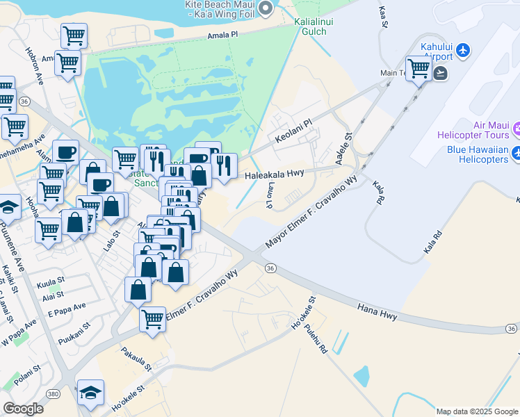 map of restaurants, bars, coffee shops, grocery stores, and more near 98 Lauo Loop in Kahului