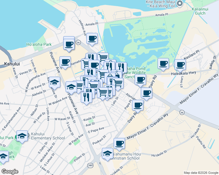 map of restaurants, bars, coffee shops, grocery stores, and more near 296 Alamaha Street in Kahului
