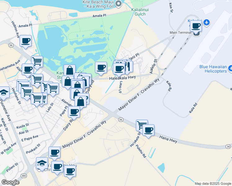map of restaurants, bars, coffee shops, grocery stores, and more near 98 Lauo Loop in Kahului