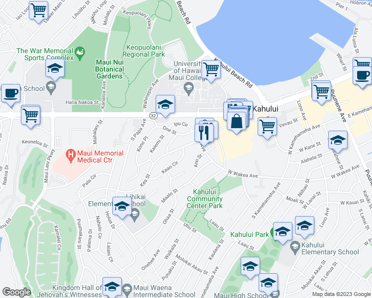 map of restaurants, bars, coffee shops, grocery stores, and more near 405 Kaao Circle in Kahului