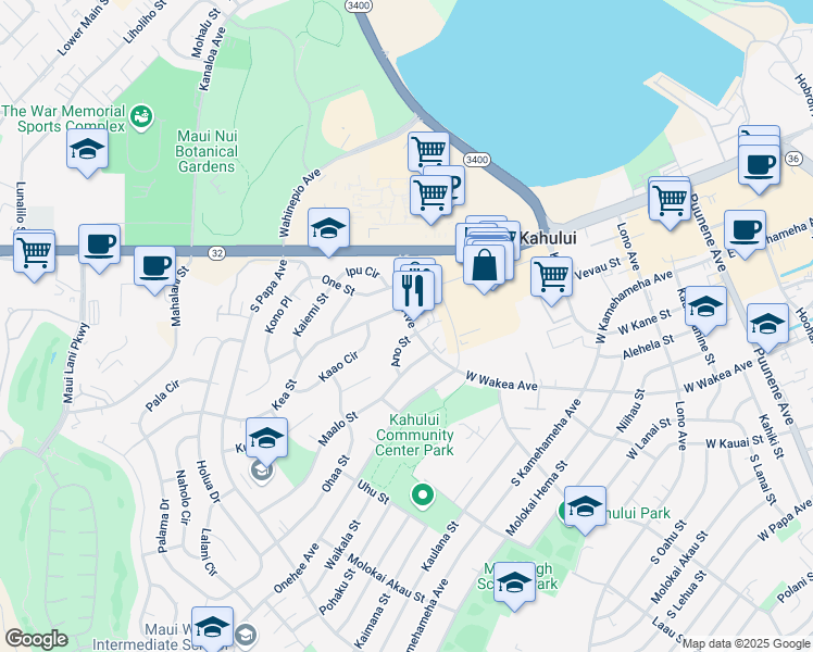 map of restaurants, bars, coffee shops, grocery stores, and more near 92 South Wakea Avenue in Kahului