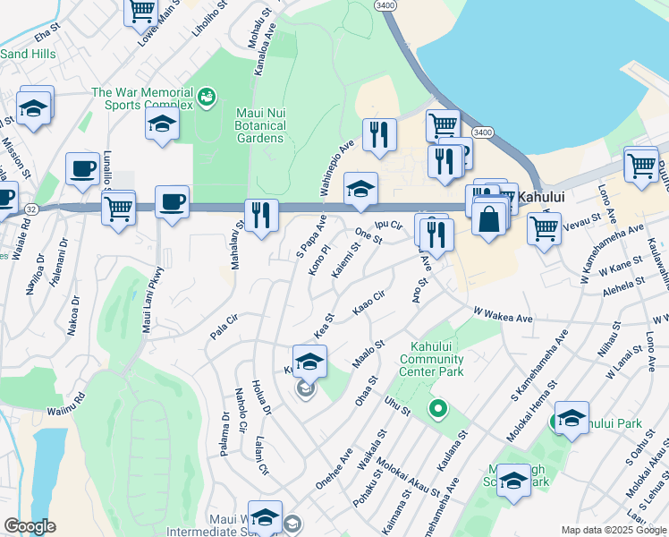 map of restaurants, bars, coffee shops, grocery stores, and more near 100 Kaiemi Street in Kahului
