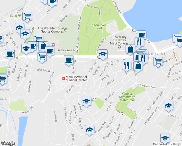 map of restaurants, bars, coffee shops, grocery stores, and more near 111 South Papa Avenue in Kahului