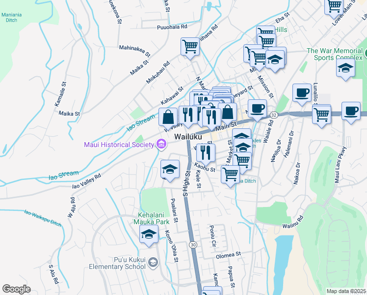 map of restaurants, bars, coffee shops, grocery stores, and more near 103 South High Street in Wailuku