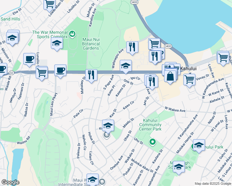 map of restaurants, bars, coffee shops, grocery stores, and more near 100 Kaiemi Street in Kahului