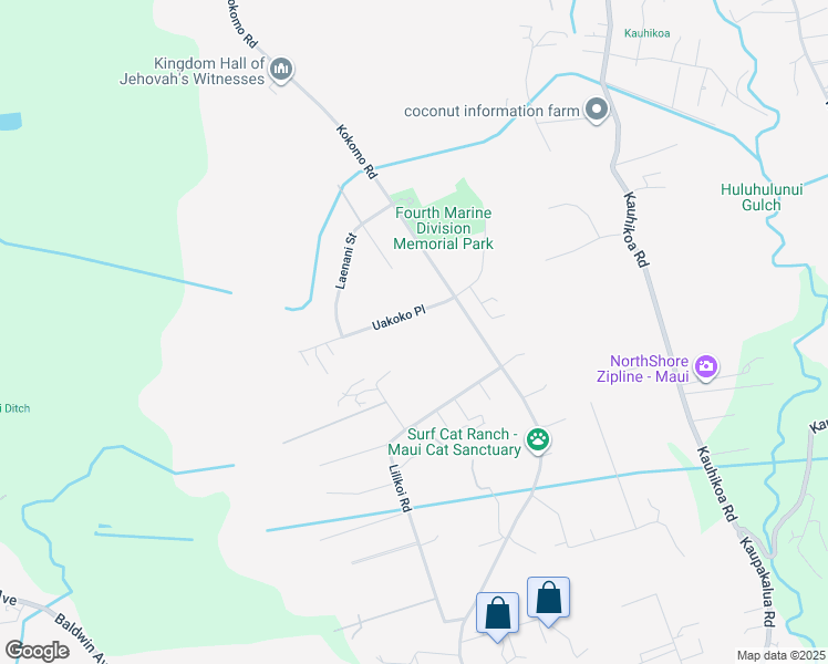 map of restaurants, bars, coffee shops, grocery stores, and more near 65 Uakoko Place in Haiku-Pauwela