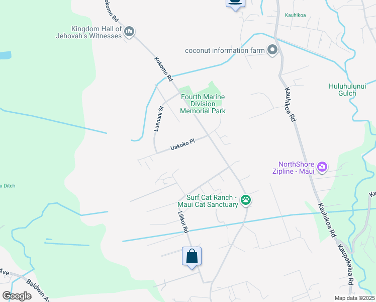 map of restaurants, bars, coffee shops, grocery stores, and more near 65 Uakoko Place in Haiku-Pauwela