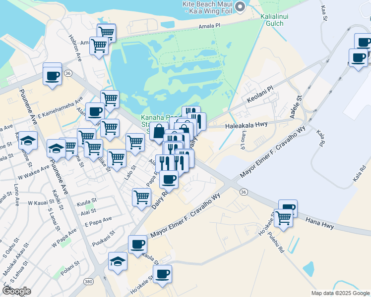 map of restaurants, bars, coffee shops, grocery stores, and more near 415 Dairy Road in Kahului
