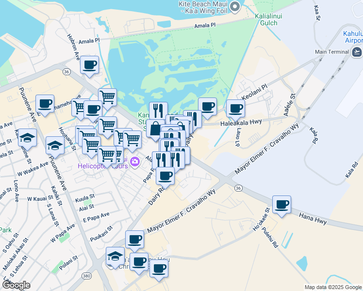 map of restaurants, bars, coffee shops, grocery stores, and more near 415 Dairy Road in Kahului