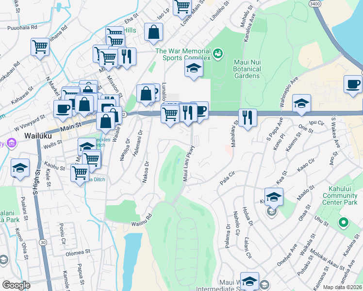 map of restaurants, bars, coffee shops, grocery stores, and more near 23 Keoneloa Street in Wailuku