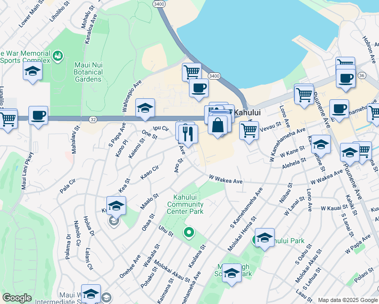 map of restaurants, bars, coffee shops, grocery stores, and more near 344 Ano Street in Kahului