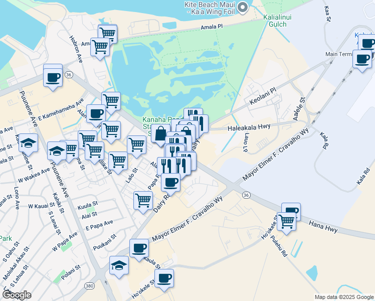 map of restaurants, bars, coffee shops, grocery stores, and more near Dairy Road in Kahului