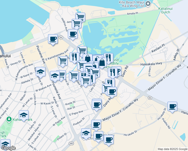 map of restaurants, bars, coffee shops, grocery stores, and more near 310 Alamaha St in Kahului
