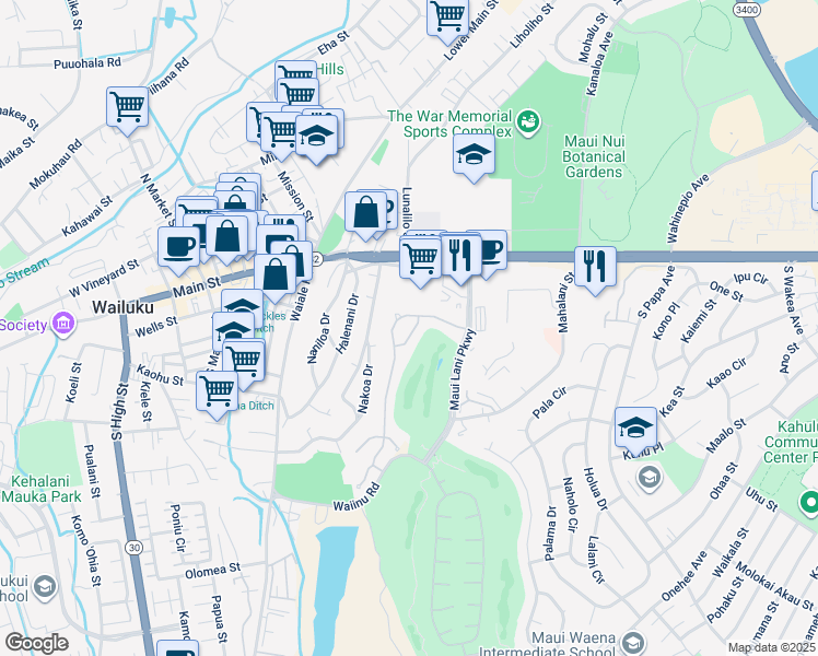 map of restaurants, bars, coffee shops, grocery stores, and more near 22 Kamakoa Loop in Wailuku