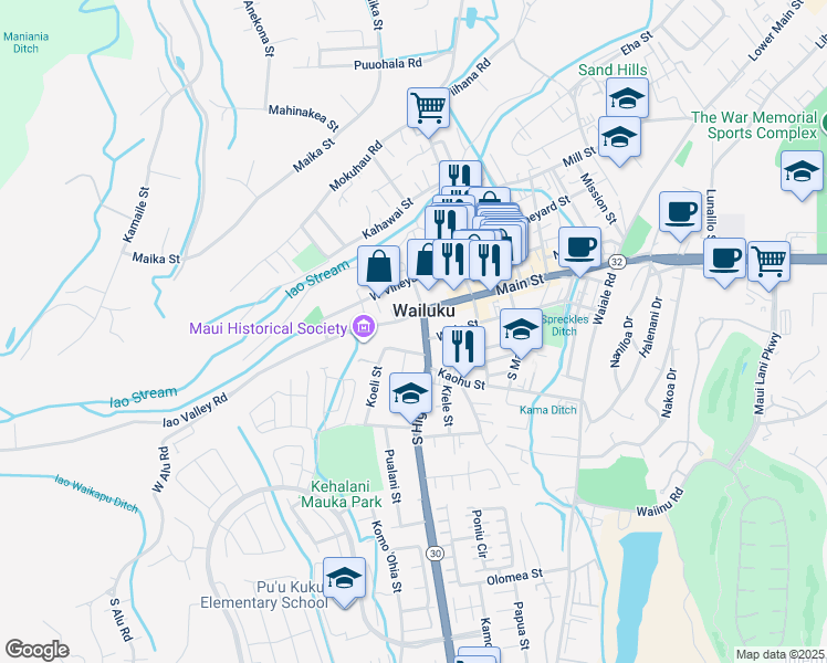 map of restaurants, bars, coffee shops, grocery stores, and more near South Alu Road in Wailuku