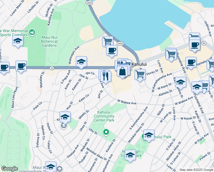 map of restaurants, bars, coffee shops, grocery stores, and more near 344 Ano Street in Kahului