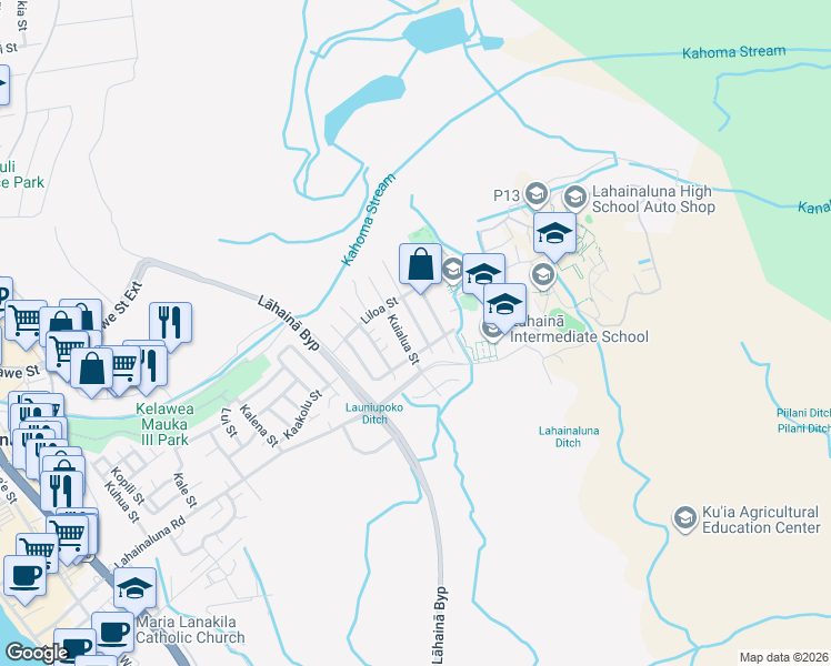 map of restaurants, bars, coffee shops, grocery stores, and more near 824 Laalo Street in Lahaina