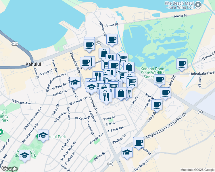 map of restaurants, bars, coffee shops, grocery stores, and more near 167 West Wakea Avenue in Kahului