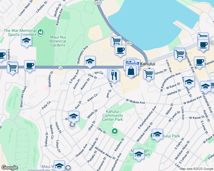 map of restaurants, bars, coffee shops, grocery stores, and more near 383 Kea Street in Kahului